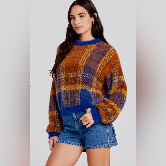 RVCA Fuzzy Plaid Long Sleeve Crewneck Fuzzy Sweater, Size Small - Picture 6 of 14